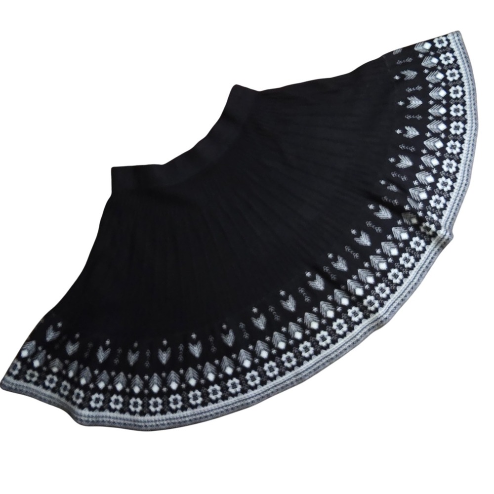S OCHIRLY Black White Embroidered Pleated Knit Skater Skirt Women's Faire Isle